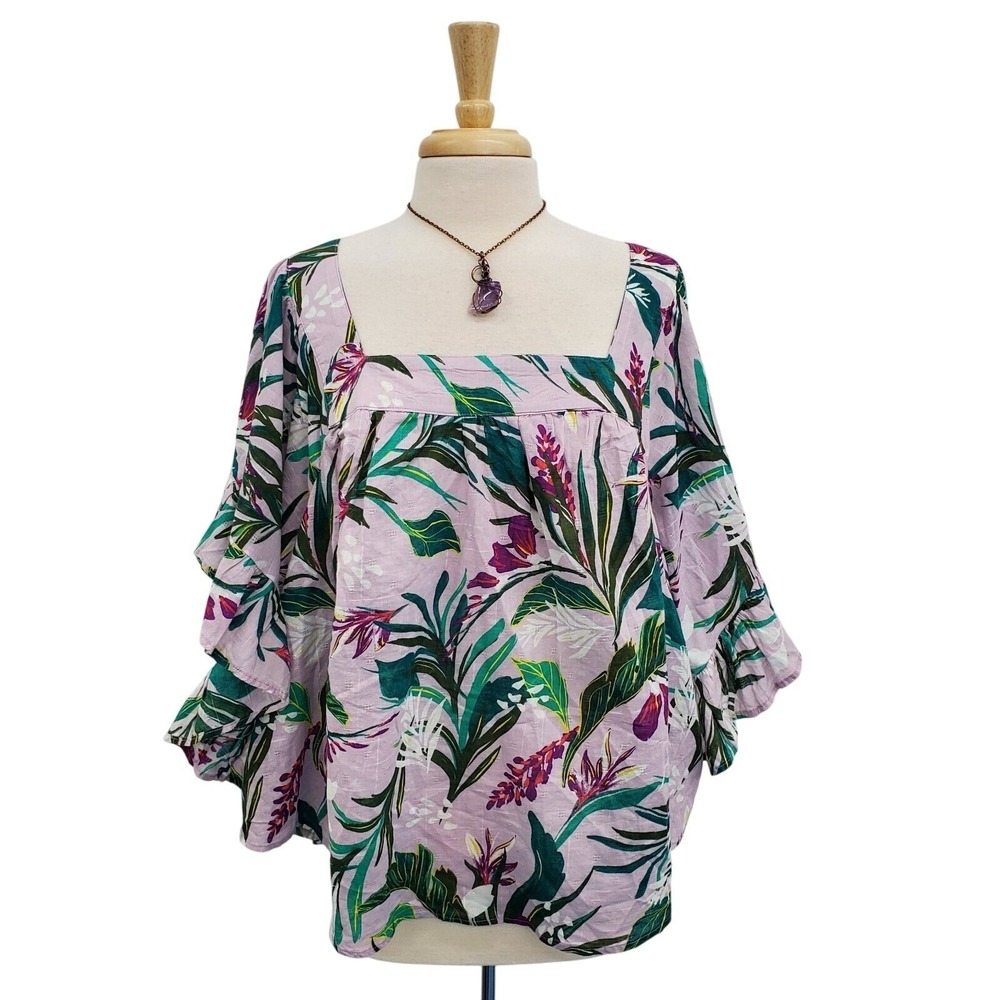 Terra & Sky Lavender Tropical Ruffle Sleeve Blouse Womens 2X Boho Floral Top‎